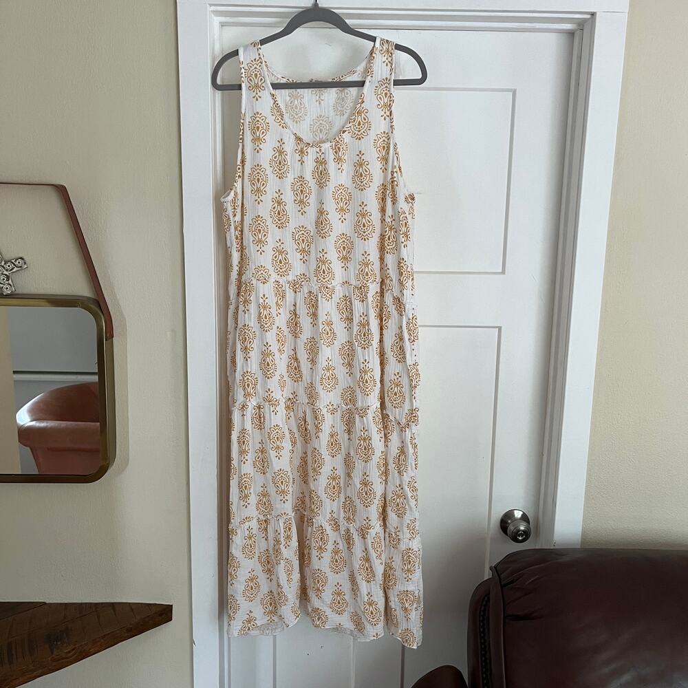 Soft Surroundings Gauze Tiered Maxi Dress Women's L White Gold Stamped